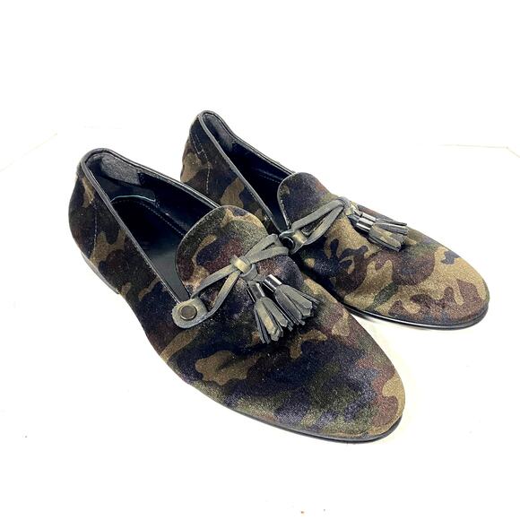 ALDO Men's Velvet Camo Tassel Loafers Dark Green Brown Sz 8 - Picture 1 of 9